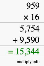 How to calculate 959 times 16 using long multiplication