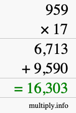 How to calculate 959 times 17 using long multiplication