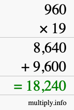 How to calculate 960 times 19 using long multiplication