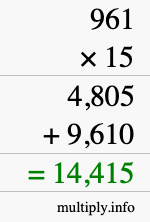 How to calculate 961 times 15 using long multiplication