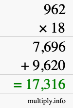 How to calculate 962 times 18 using long multiplication