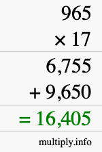 How to calculate 965 times 17 using long multiplication