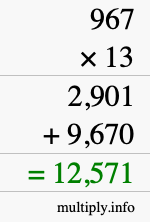 How to calculate 967 times 13 using long multiplication