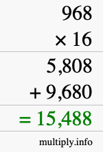 How to calculate 968 times 16 using long multiplication