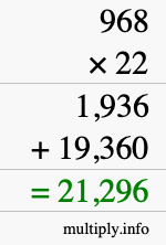How to calculate 968 times 22 using long multiplication