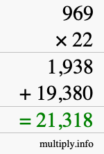 How to calculate 969 times 22 using long multiplication