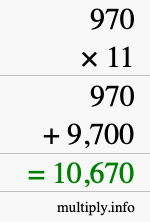 How to calculate 970 times 11 using long multiplication