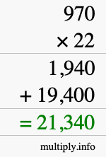 How to calculate 970 times 22 using long multiplication