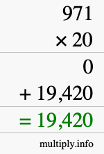 How to calculate 971 times 20 using long multiplication