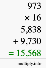 How to calculate 973 times 16 using long multiplication