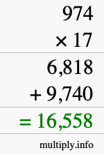 How to calculate 974 times 17 using long multiplication