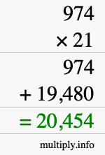 How to calculate 974 times 21 using long multiplication