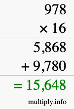 How to calculate 978 times 16 using long multiplication