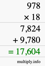 How to calculate 978 times 18 using long multiplication