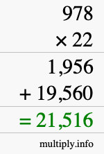 How to calculate 978 times 22 using long multiplication