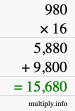 How to calculate 980 times 16 using long multiplication