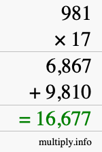 How to calculate 981 times 17 using long multiplication