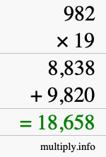 How to calculate 982 times 19 using long multiplication