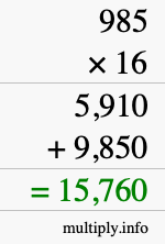 How to calculate 985 times 16 using long multiplication