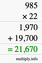 How to calculate 985 times 22 using long multiplication