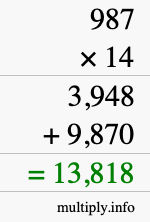 How to calculate 987 times 14 using long multiplication How to calculate 987 times 14 using long multiplication