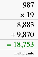 How to calculate 987 times 19 using long multiplication