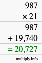 How to calculate 987 times 21 using long multiplication