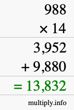 How to calculate 988 times 14 using long multiplication