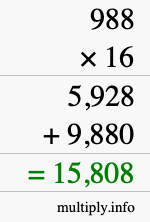 How to calculate 988 times 16 using long multiplication