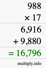 How to calculate 988 times 17 using long multiplication