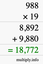How to calculate 988 times 19 using long multiplication