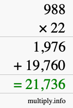 How to calculate 988 times 22 using long multiplication