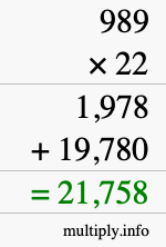 How to calculate 989 times 22 using long multiplication
