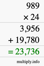 How to calculate 989 times 24 using long multiplication