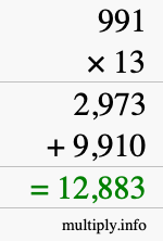 How to calculate 991 times 13 using long multiplication
