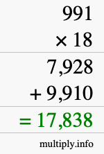 How to calculate 991 times 18 using long multiplication