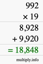 How to calculate 992 times 19 using long multiplication