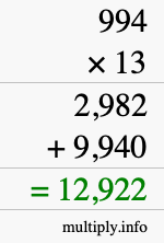 How to calculate 994 times 13 using long multiplication