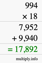 How to calculate 994 times 18 using long multiplication
