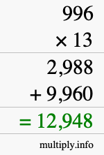 How to calculate 996 times 13 using long multiplication