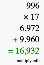 How to calculate 996 times 17 using long multiplication