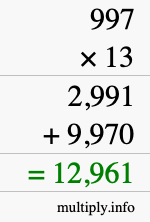 How to calculate 997 times 13 using long multiplication