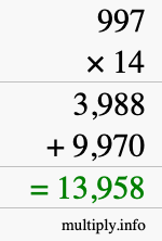 How to calculate 997 times 14 using long multiplication How to calculate 997 times 14 using long multiplication