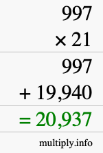 How to calculate 997 times 21 using long multiplication