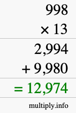 How to calculate 998 times 13 using long multiplication