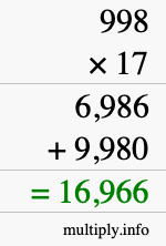 How to calculate 998 times 17 using long multiplication