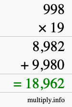 How to calculate 998 times 19 using long multiplication