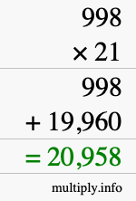 How to calculate 998 times 21 using long multiplication