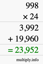 How to calculate 998 times 24 using long multiplication