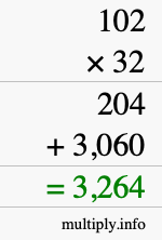 How to calculate 102 times 32 using long multiplication
